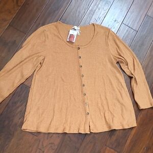 NWT Simply Noelle Tan Long Sleeve Button Down Waffle-knit Shirt size XXL (16-18)